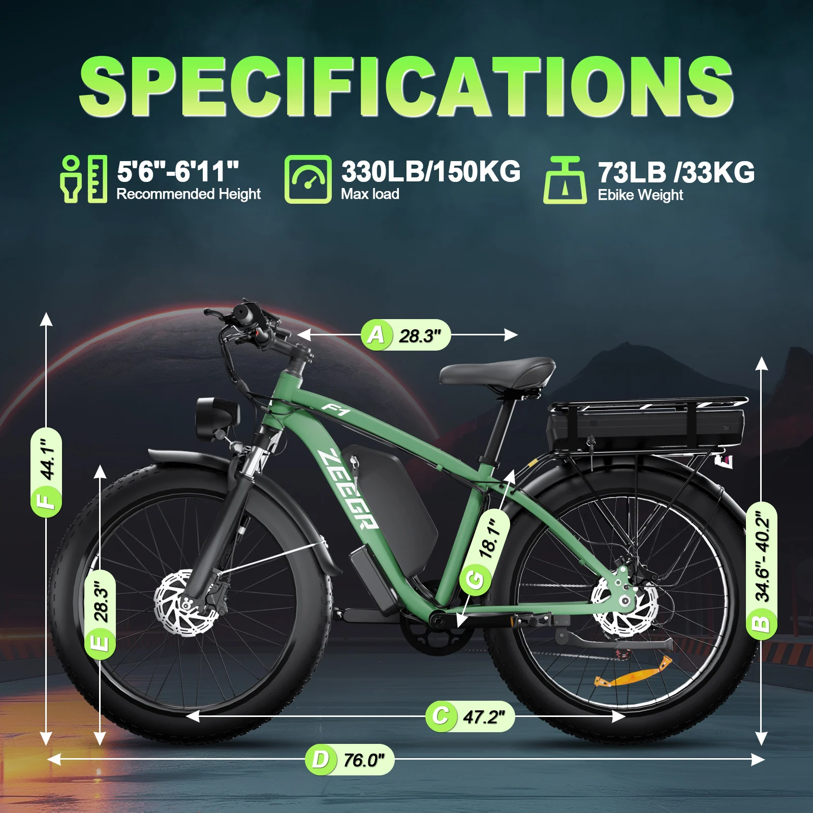 ZEEGR F1 Pro 48V 2000W Dual Motor E-Bike with a top speed of 35MPH and a long range of