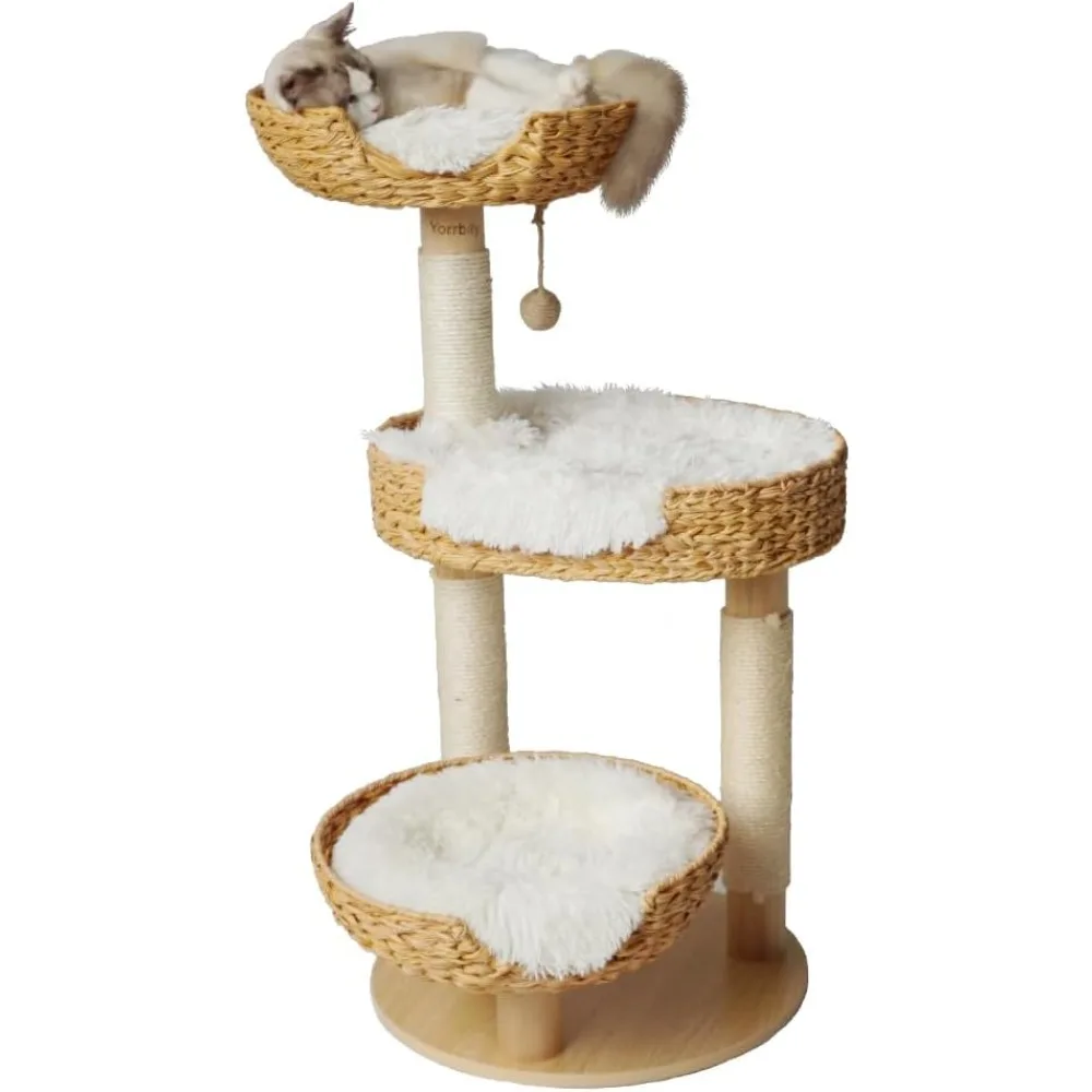 

Cat Tree 39 Inches Cat Tower with Sisal Covered Scratching Real Wood Post, Handwoven PE Rattan 3 Baskets perches with Cozy Cushi