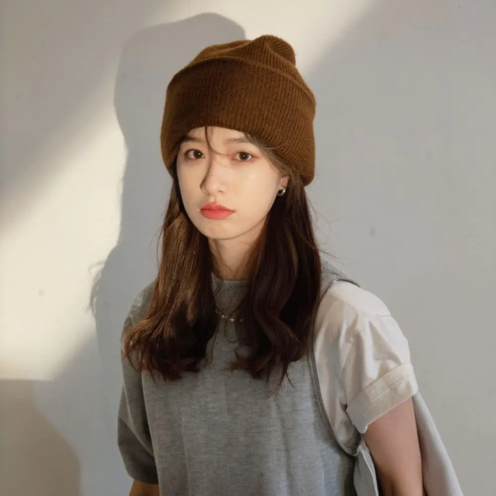 Winter Knitted Hat Women Casual Solid Color Beanies Korea Fashion Warm Soft Elastic Skull Cap Outdoor Trendy Headwear