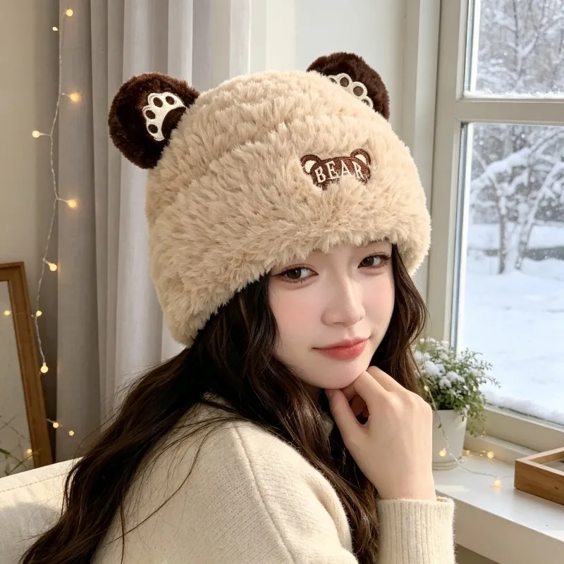 Fall Winter Versatile Bear Plush Knitted Hat For Women Fleece Lined Thick Warm Ear Protection Fashion Casual Beanie