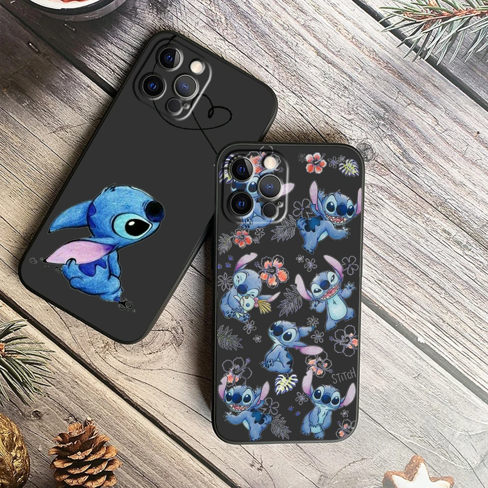 Coque de téléphone Stitch Anime Cartoon, coque noire, iPhone 15 14 13 12 11 XS Poly X 8 7 SE Pro Max Plus Mini