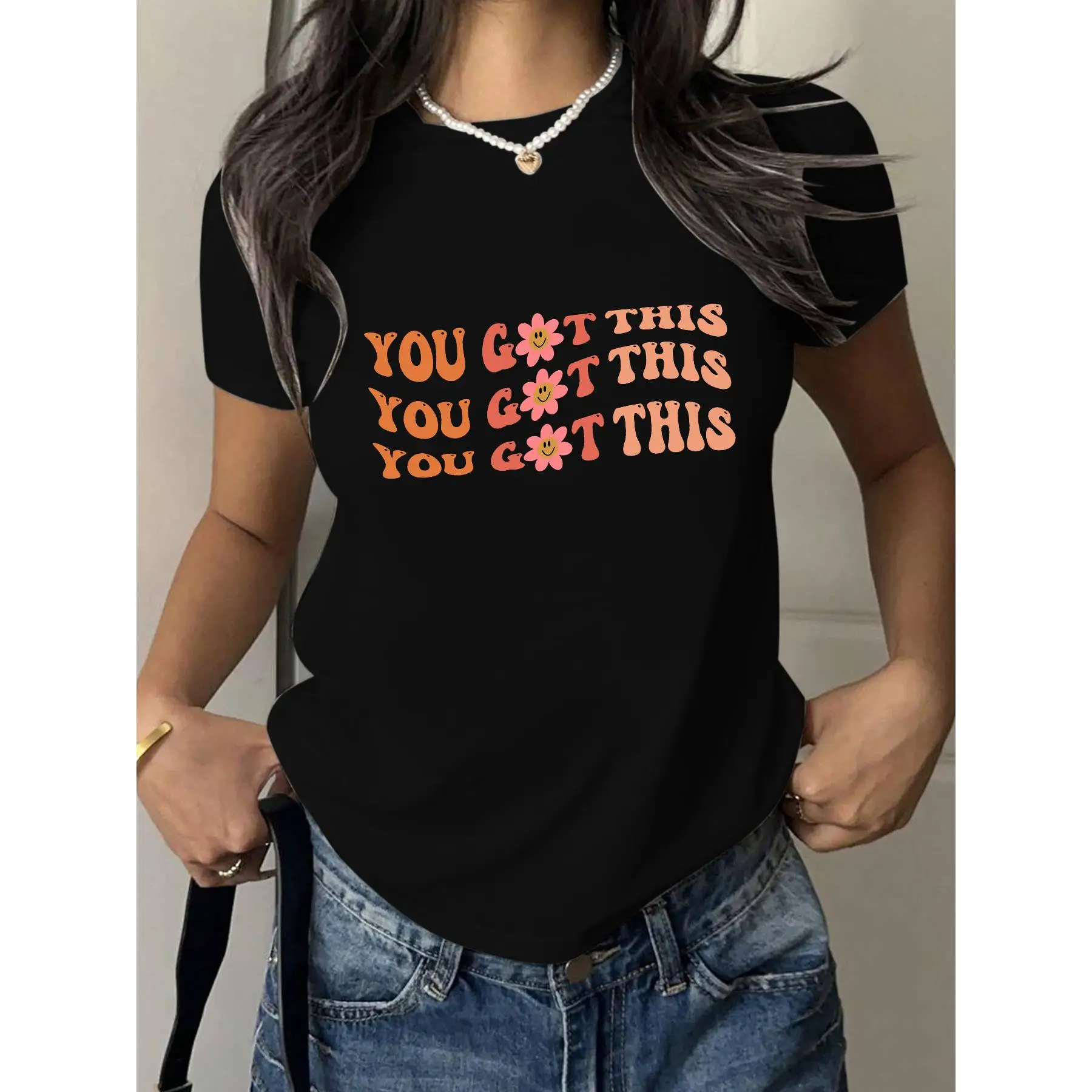 

Women's Inspirational "You Got This" Flower Print T-shirt Short Sleeve Loose Casual Motivational Top Positive Boho Style