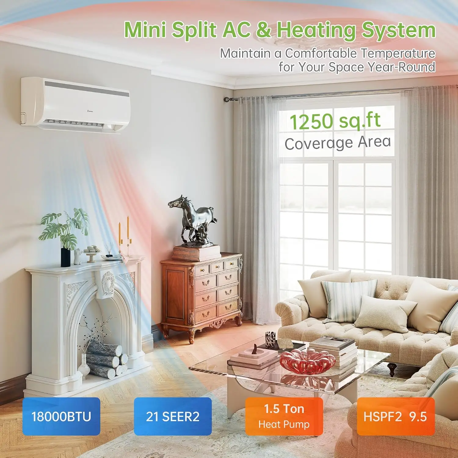 18000 BTU Mini Split AC Heater,21 SEER2, 208-230V Inverter | Cools & Heats Up to 1200 Sq.Ft, WiFi & Alexa Compatible,, Custom