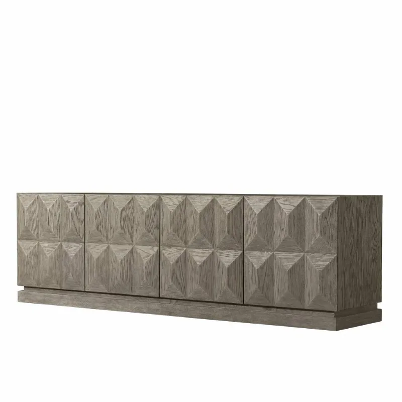 Modern solid wood side cabinet, geometric rhombus relief four-door side cabinet, weathered gray locker for living room