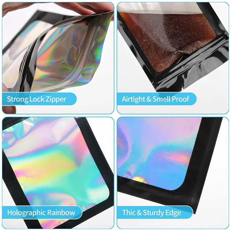 100 Pack Mylar Bags Holographic Smell Proof Packaging Bag For Small Bussiness Resealable Pouch Bags(3X5 Inch) Easy To Use Black