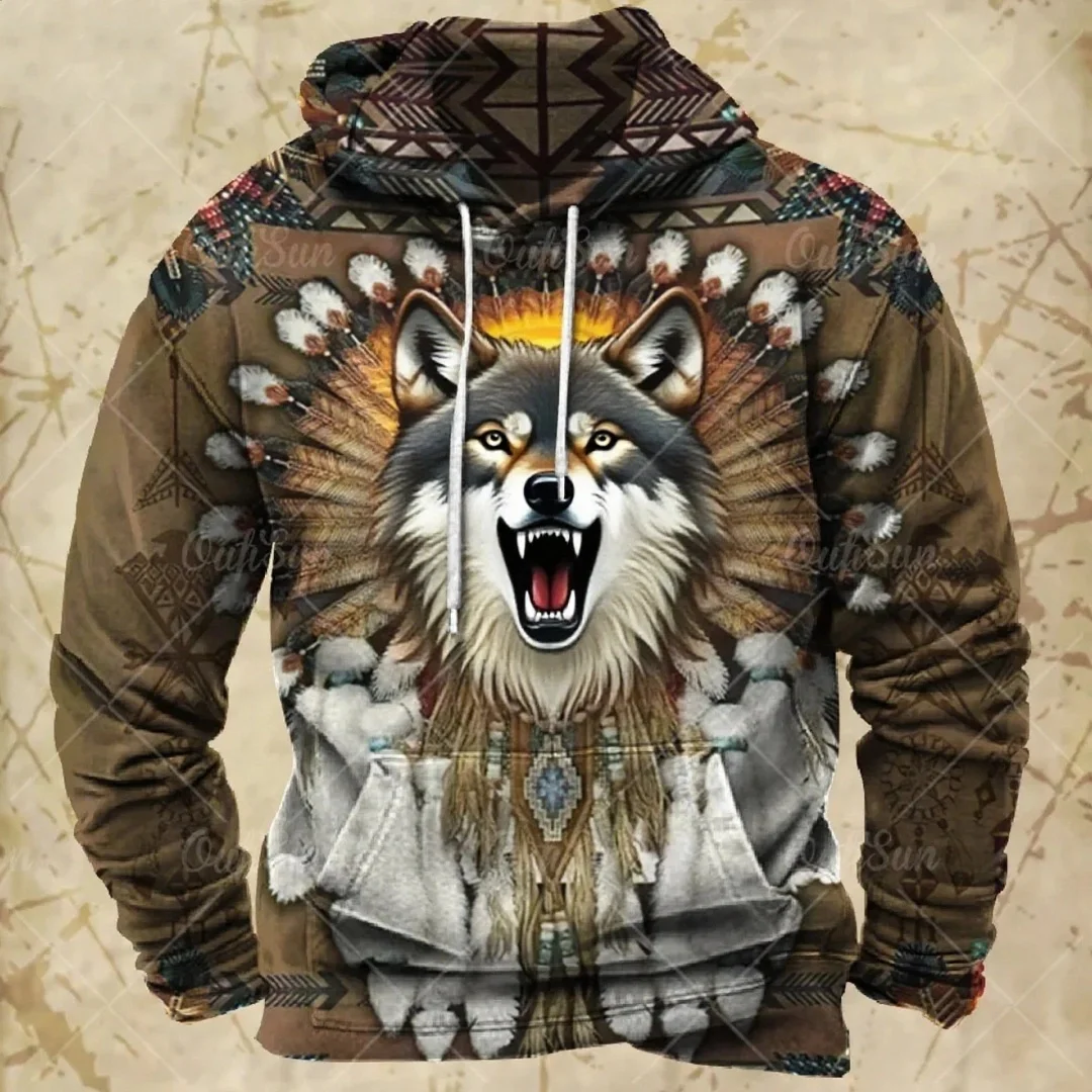 Retro Hoodie Men's Harajuku Wolf Print Fall Long-sleeved Sweater Oversized Y2k Clothing Men's Hoodie Fashion Streetwear