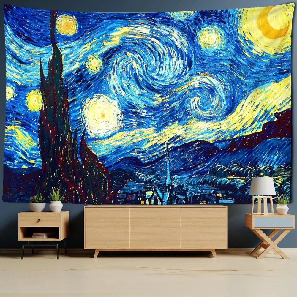 Newly Released Famous Van Gogh Pattern Quilt Wall-hanging with Star and Moon Night Decoration Rug and Tapestry