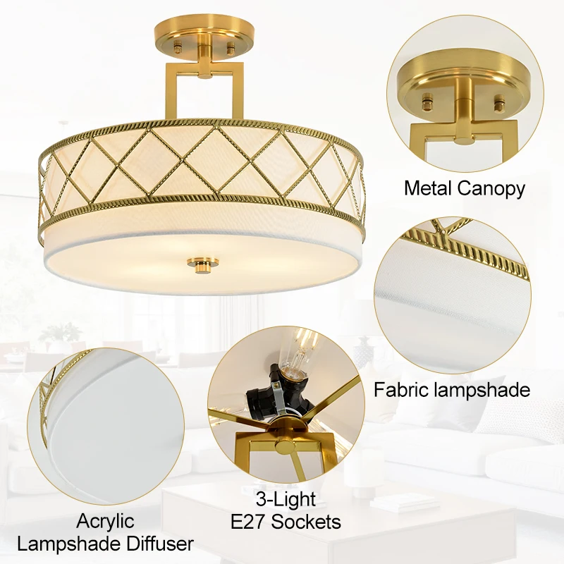 Modern Gold Ceiling Light 41cm, Iron Frame Fabric Shade Chandelier with Geometric Grid, Flush Mount Lamp for Bedroom Living Room