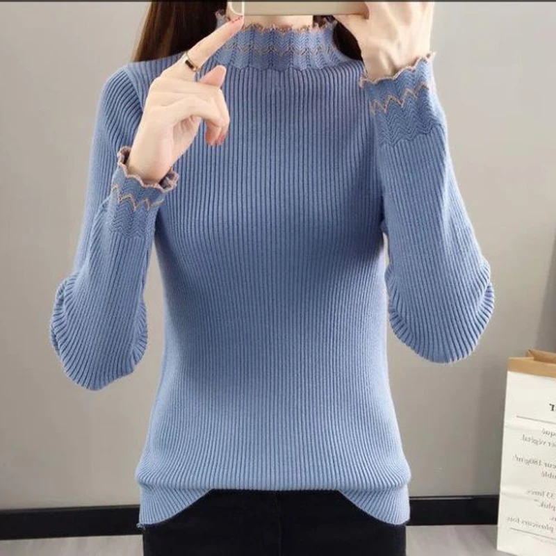 

2024 Autumn Womens Sweater Turtleneck Knitted Ribbed Pullover Sweaters Long Sleeve Casual Knitwear Slim Jumper Soft Pull Femme