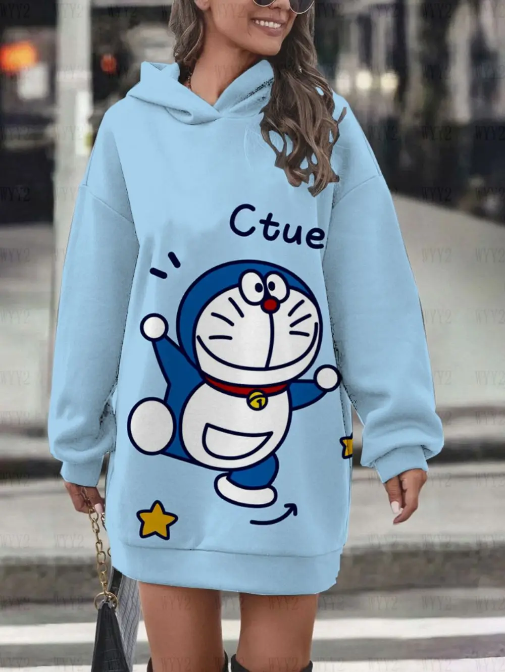 new girls' casual age-reducing long sleeve Korean version fashion loose versatile Doraemon series printed hooded sweater skirt