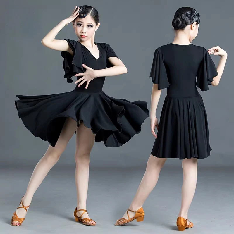 

Летнее платье для латиноамериканских танцев, детское тренировочное платье, профессиональное танцевальное платье для девочек, черное, с коротким рукавом