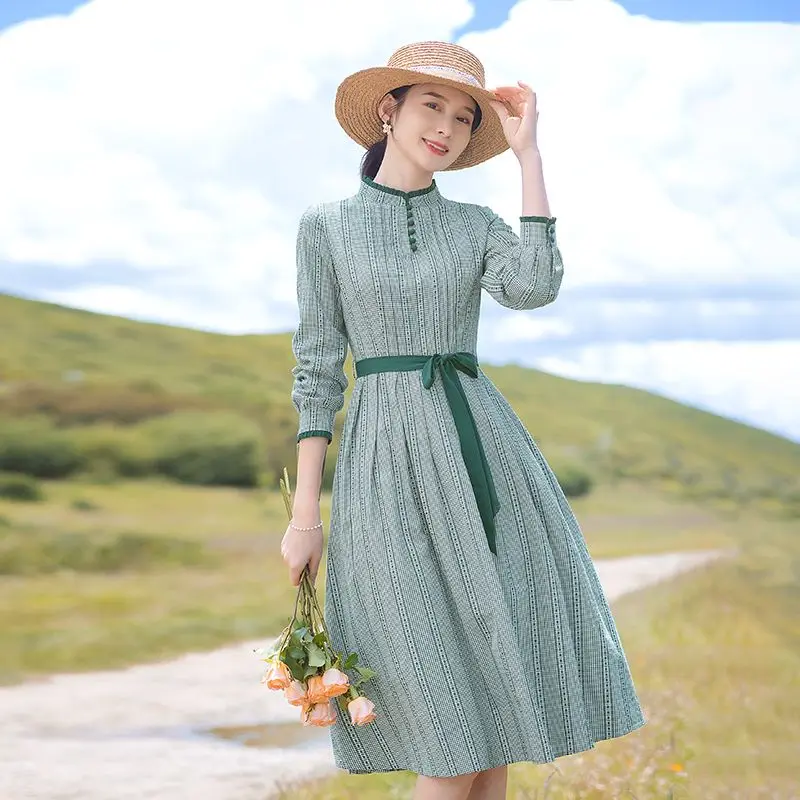 

2024 Autumn Women O-Neck A-Line Dress New Streetwear Vintage Long Sleeve Midi Dress Large Size Holiday Elegant Dress Belt V484