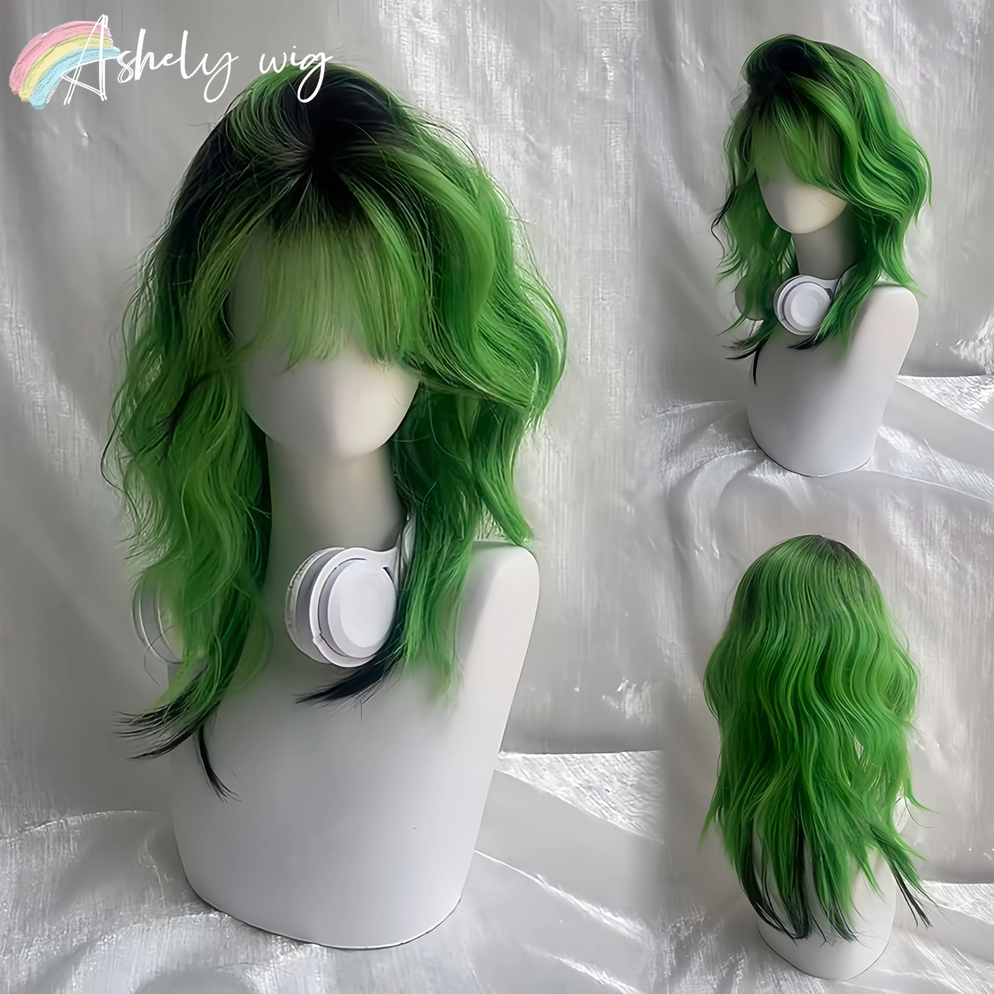 

Green Wig Female 16inch Headband Curly Wavy Headband Wig with Bangs Synthetic High Temperaturefibers Hair Wig for Daily Use 가발