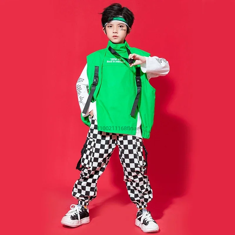 Street-Dance-Set für Jungen, Hip-Hop-Jazz-Outfit, ärmellose Weste, karierte Hose mit langen Ärmeln, Bühnenkostüm für Kinder, geeignet für Auftritte und Shows. – Detail 3