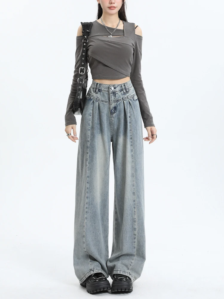 

Американские джинсы-клеш с высокой талией для женщин, весна-осень, свободные, стройнящие, с небольшим дизайном, прямые, больших размеров...