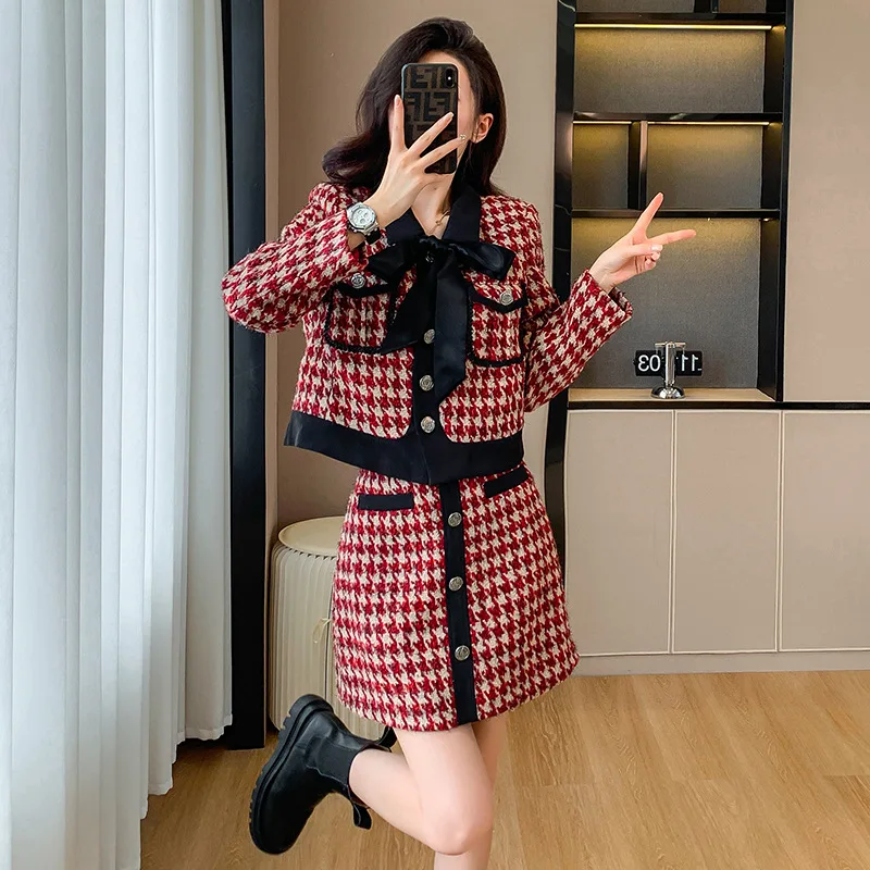 A-line Two-piece Red Dress Twill Plaid High Waist Patchwork Bow Short Dresses Autumn and Winter New Dresses for Women 2023