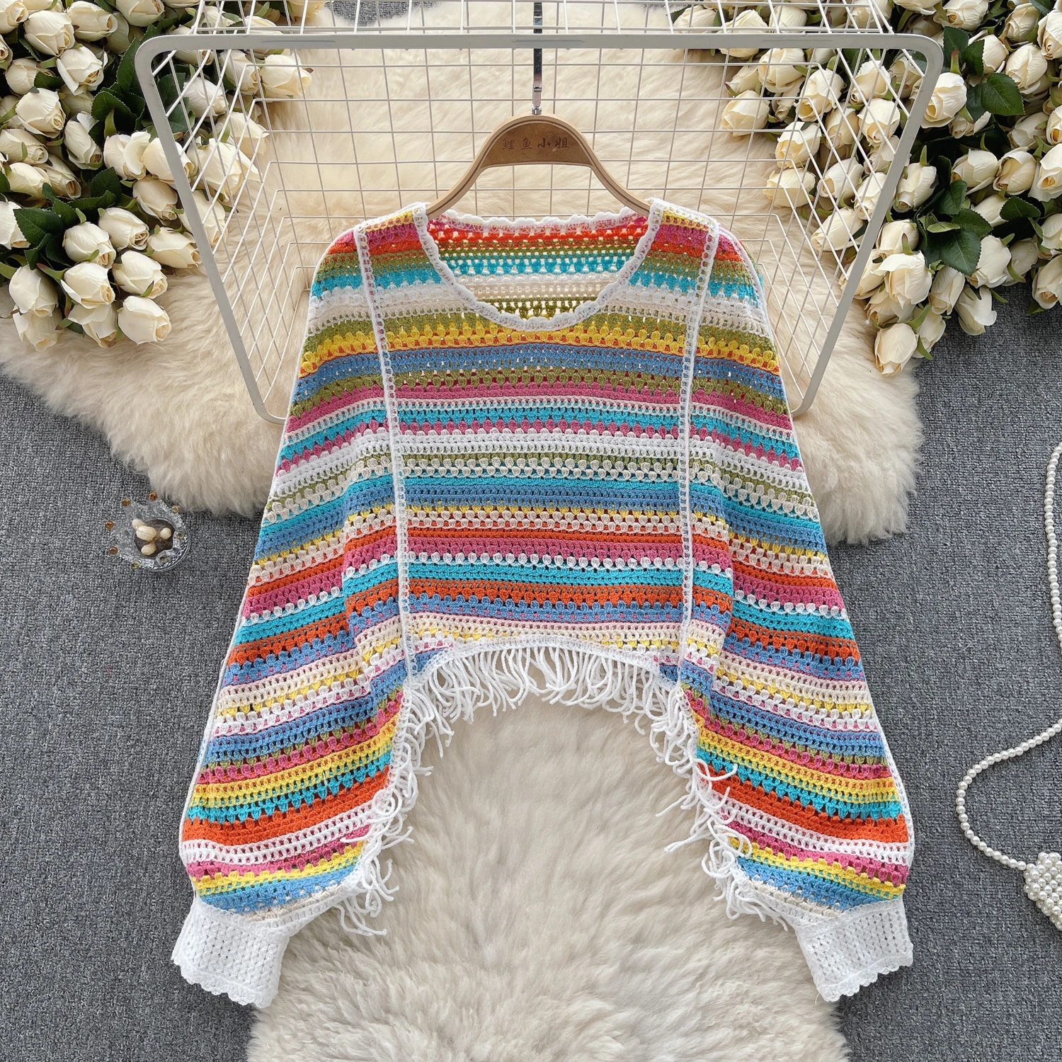 Chic Stripe Vintage Hollow Crochet Tassel Capes Blouse Long Sleeve Korean Fashion Tops Sexy Elegant Autumn Women Pullover Y2k