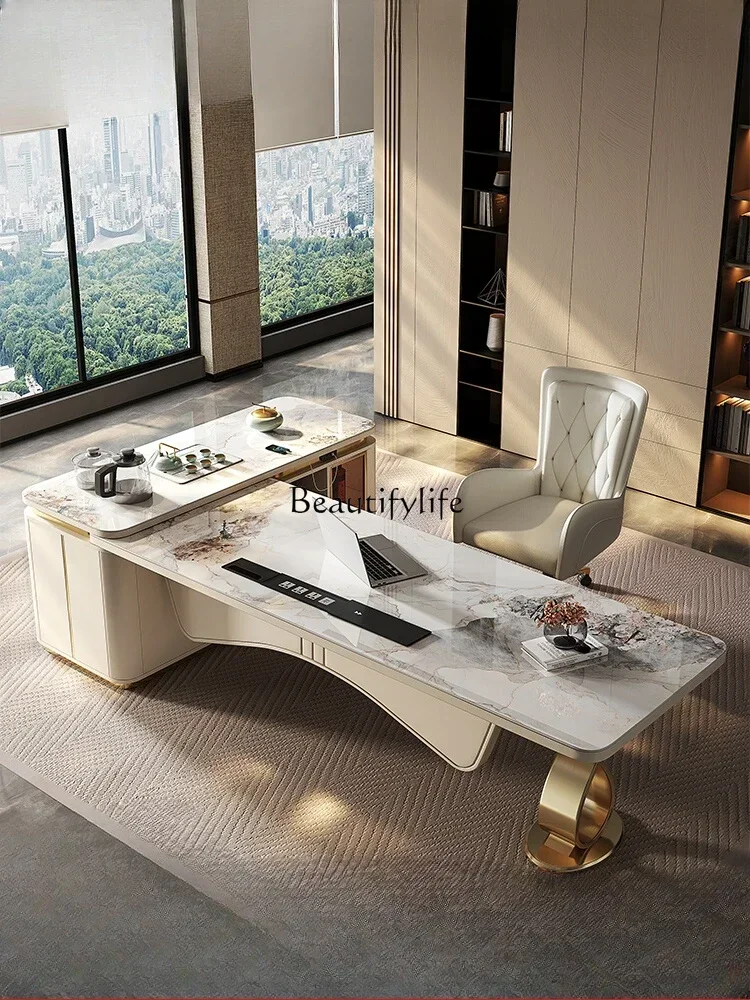 Light luxury rock slab boss desk integrated home office meeting guests corner kung fu tea table