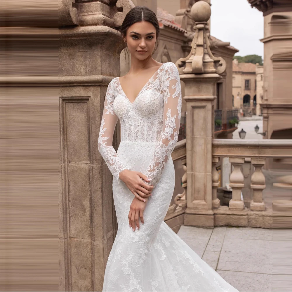 Vintage sexy Mermaid long-sleeve ​Wedding Dress lace V-neck bride dress Robe de mariage customize court train