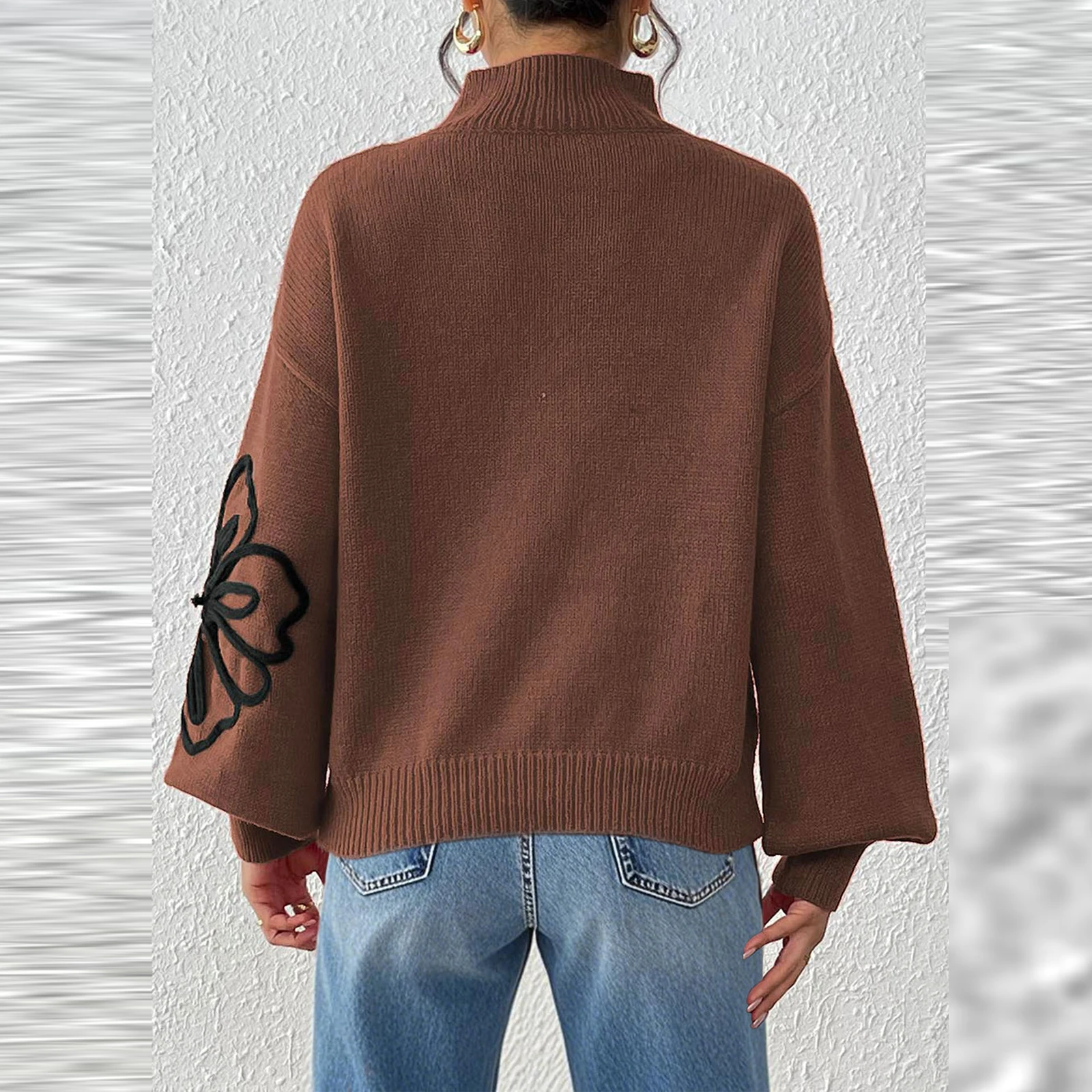 

Женский повседневный модный пуловер с полуводолазкой и вышитым цветком, свитер, женская одежда, свитер для женщин