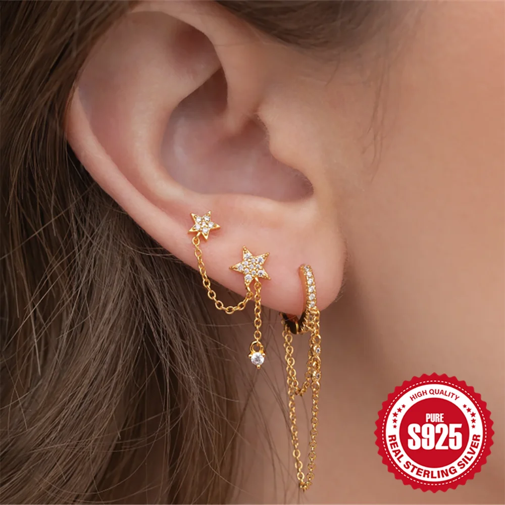 AIDE 925 Sterling Silver Temperament Cubic Zircon Stars Ear Stud Earrings 18K Gold Color Chain Zircon Pendant Jewelry For Women