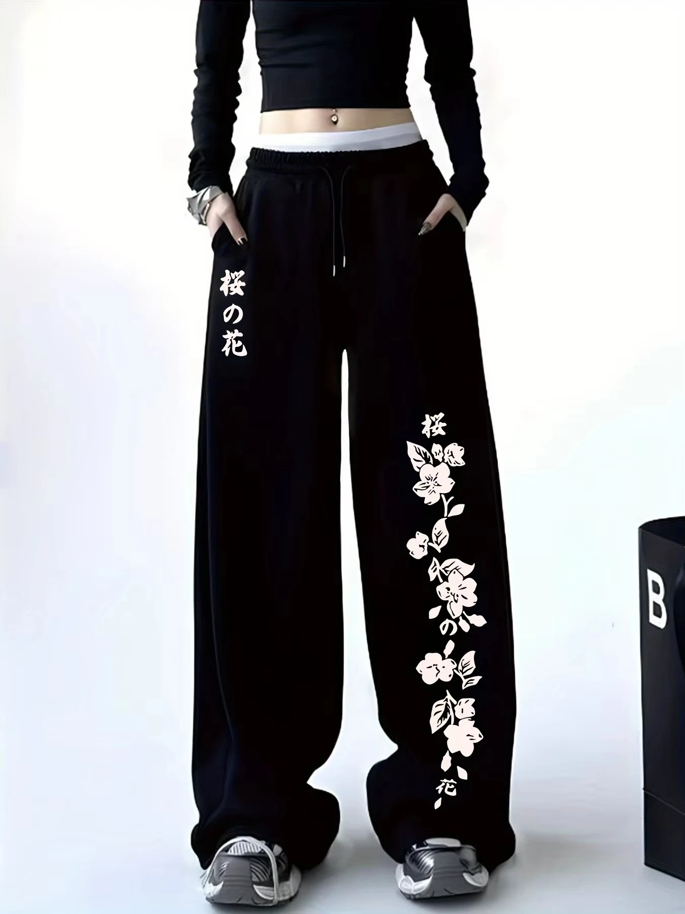 Y2K Baggy Sweatpants Japanese Sakura Cherry Blossom Print Drawstring Wide Leg Pants Harajuku Streetwear Casual Trousers