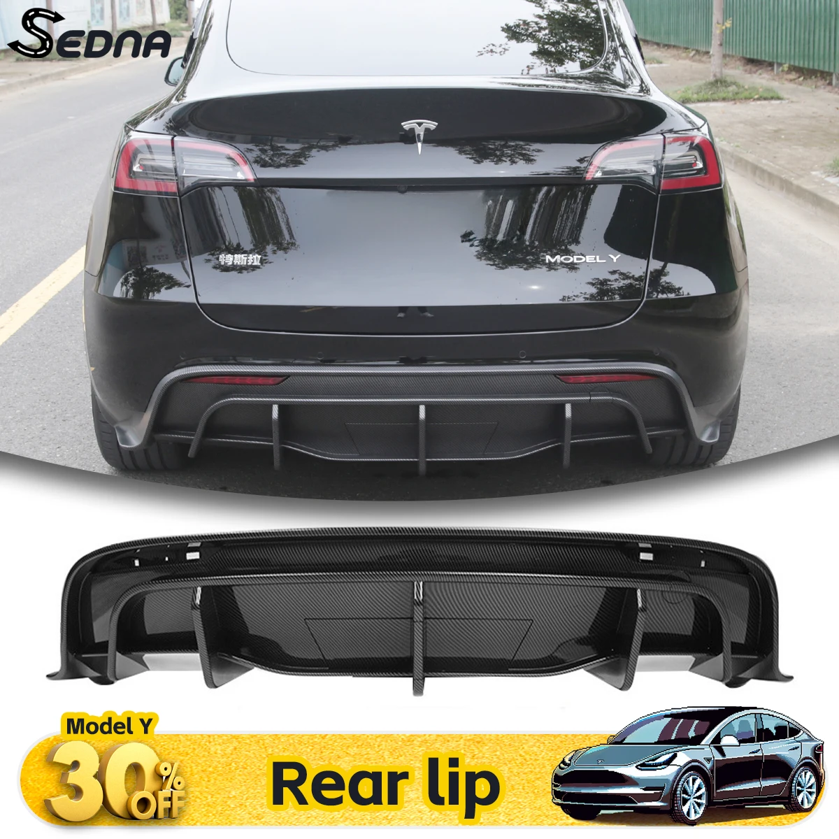 

For 2021-2024 Tesla Model Y Carbon Fiber Pattern & Black Body Kit - Rear Spoiler Diffuser, and Lip Enveloping Car Accessories