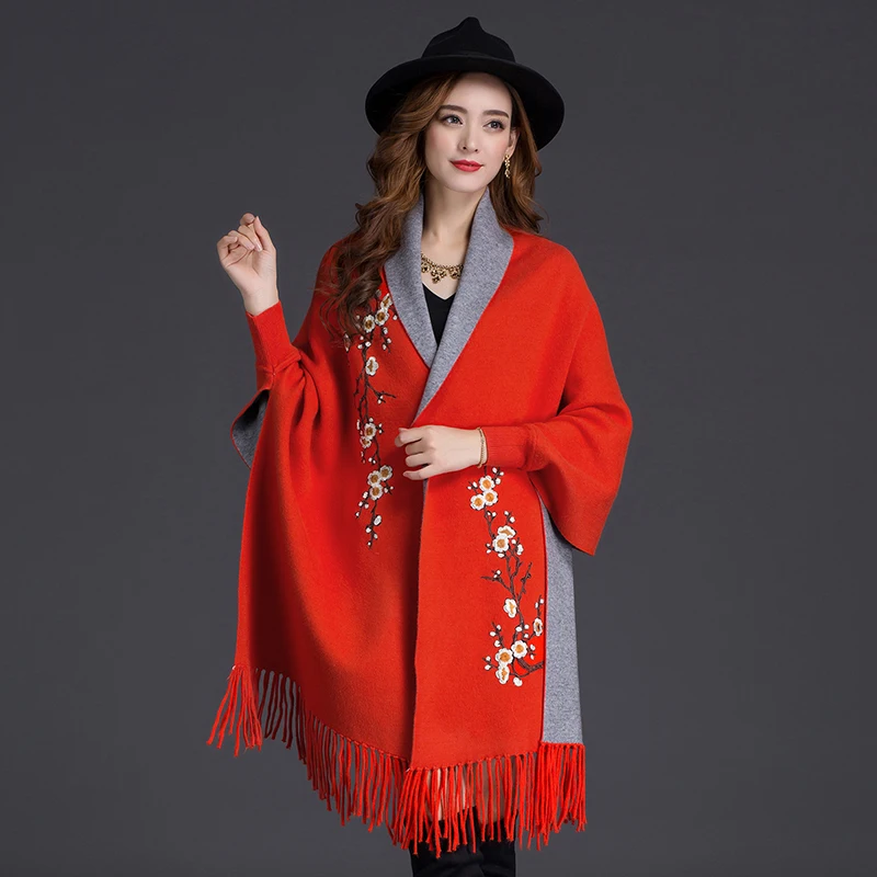 Autumn Winter Can Wear Shawl Scarf Dual-use Embroidery With Sleeves Wool Cashmere Thick Tassel Cloak Female