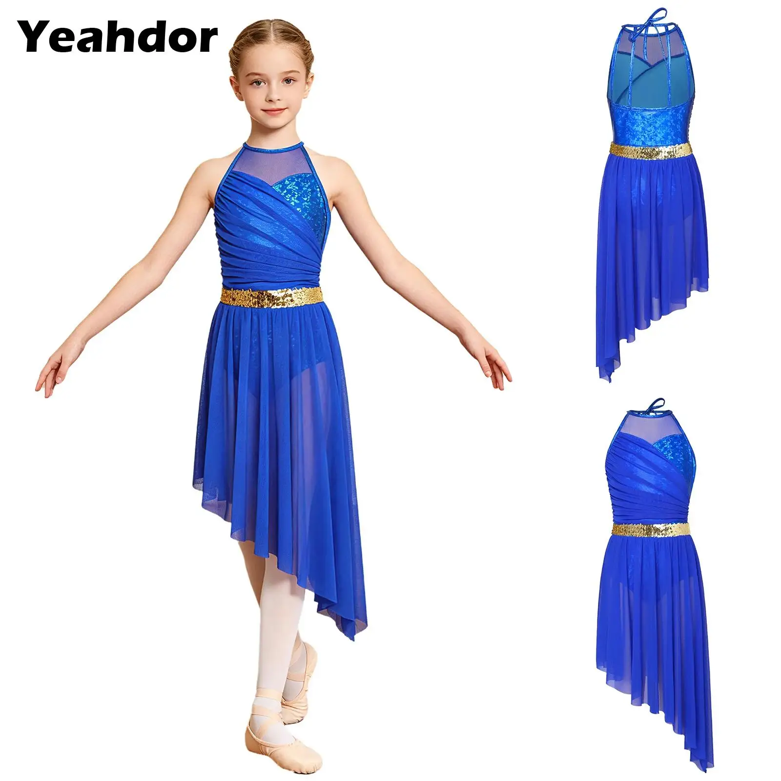 

Kids Girls Sequined Lyrical Dance Dress Sleeveless Shiny Metallic Leotard Dress Waist Irregular Mesh Hem Dance Dress