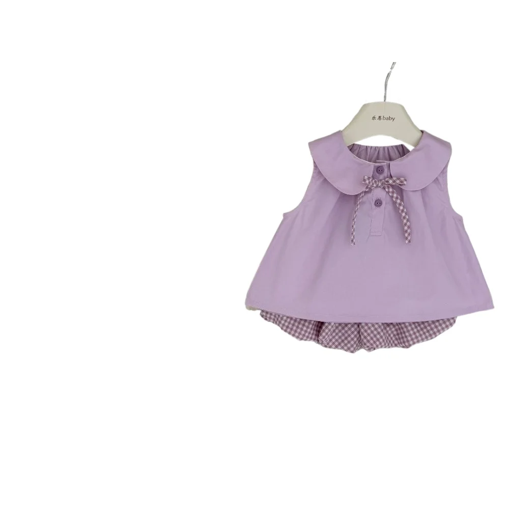 Original Design Girls Summer 2Pcs Outfit, Purple Peter Pan Collar Sleeveless Top + Plaid Bud Shorts Set  for 73-130cm