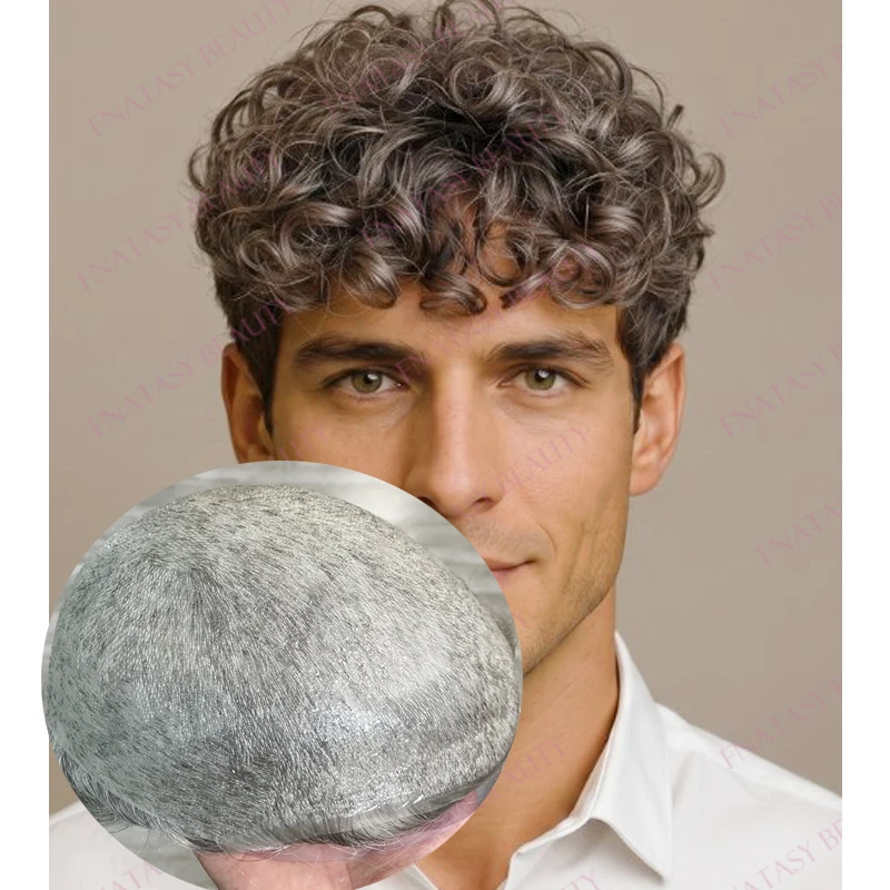 

Super Durable #510#520 Mixxed Grey Brown 18mm Curly Human Hair Black Man's Toupee Undetectable Natural Hairline Vlooped Hair Wig