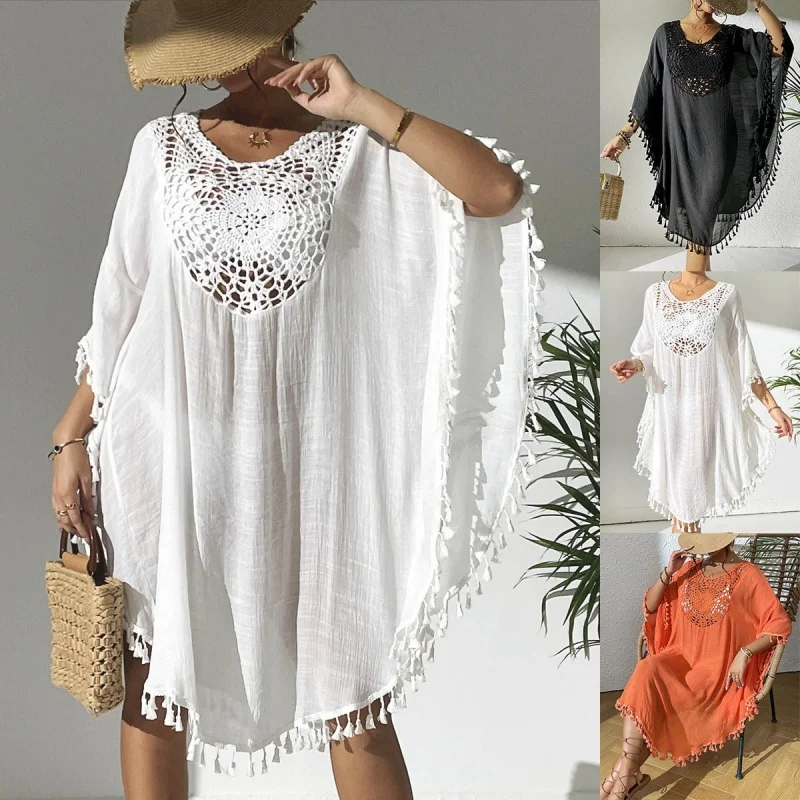 

Patchwork Hollow Out Crochet Dress Women Simple Soft Mesh Tassel Bikini Cover Up Beach Vacation Pool Party Female Cover-ups 2025