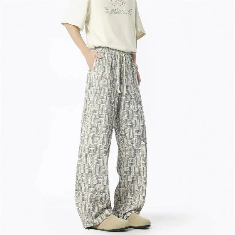 WTHT 트렌디 2025 여름 남성 플래드 드로잉 디자인 캐주얼 팬츠 패션 밴딩 하이웨이스트 루즈 와이드 레그 트라우저 남성 2A0941