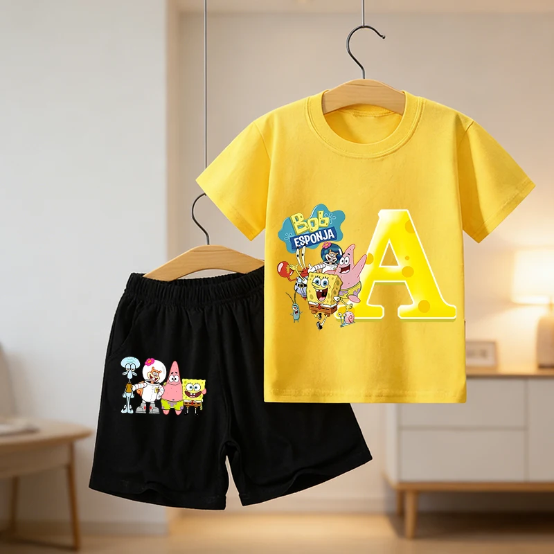 

SpongeBob SquarePants Children T-shirt Set Cartoon Tees Boy Girl Short Sleeves Shorts 2pcs Set Kid Kawaii Summer Clothes Gift