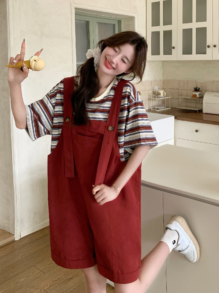 

Комплект футболки и комбинезона в полоску для колледжа, женский цельный костюм для похудения, красный цвет, летнее новое поступление, модный комплект