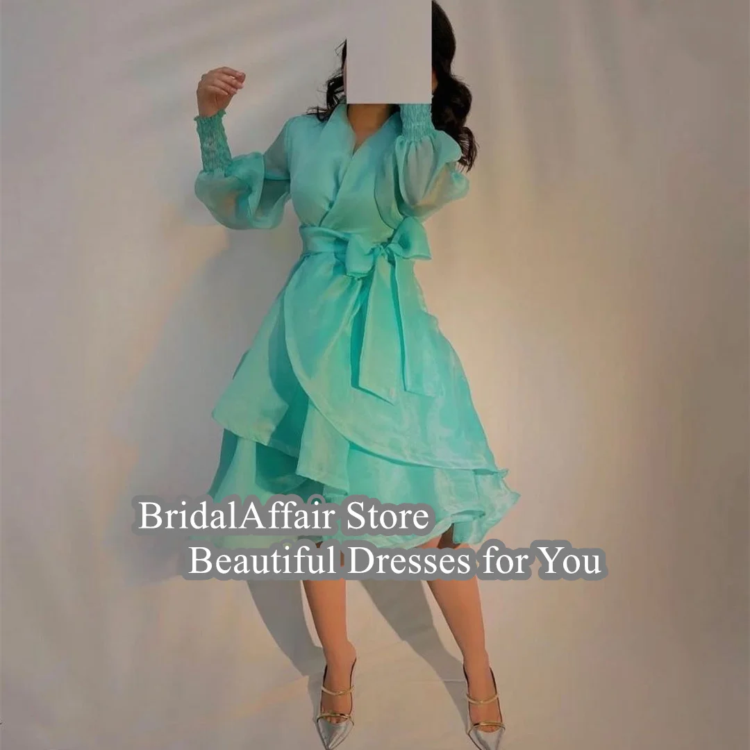 BridalAffair Short Mint Green Organza Pleated V-Neck Evening Dresses فساتين سهرة A-Line Long Sleeve Knee Length Prom Dresses