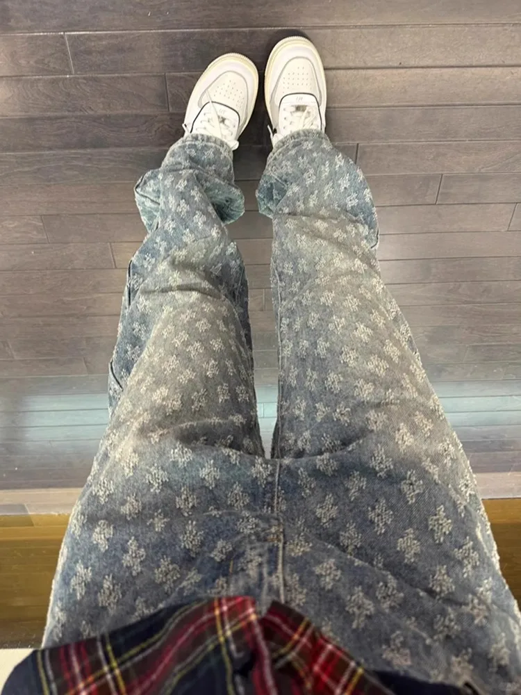 

American High Street Floral Embroidery Ripped Denim Pants Men's Design Sensation Rise Trendy Straight Leg Bell Bot