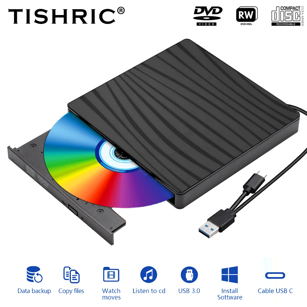 TISHRIC USB3.0 External CD DVD Reader CD Player DVD Burner Lector CD Recorder ROM Optical Disk Drives For PC Laptop Noteboo