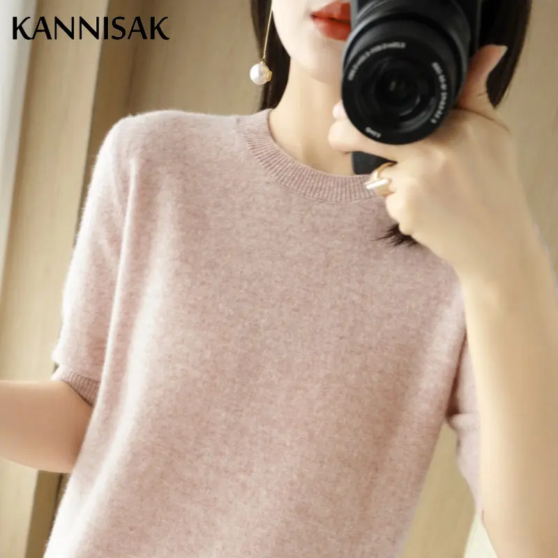 

2022 Spring Summer Womens Sweater Short Sleeve O-neck Slim Fit Knitted Pullovers Bottoming Casual Knitwear Camel Pink Clothes