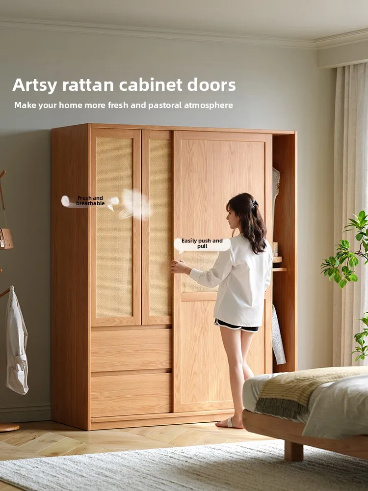 

All solid wood oak sliding doorwardrobe rattan combination cabinet household bedroom log wind sliding door largewardrobe