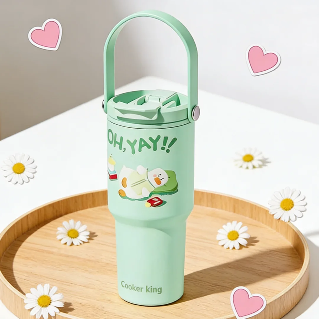 

COOKER KING Vacuum Insulated Water Bottle with Handle, Twist On Lid and Flip Up Straw, Portable Leak Resistant Water Bottle