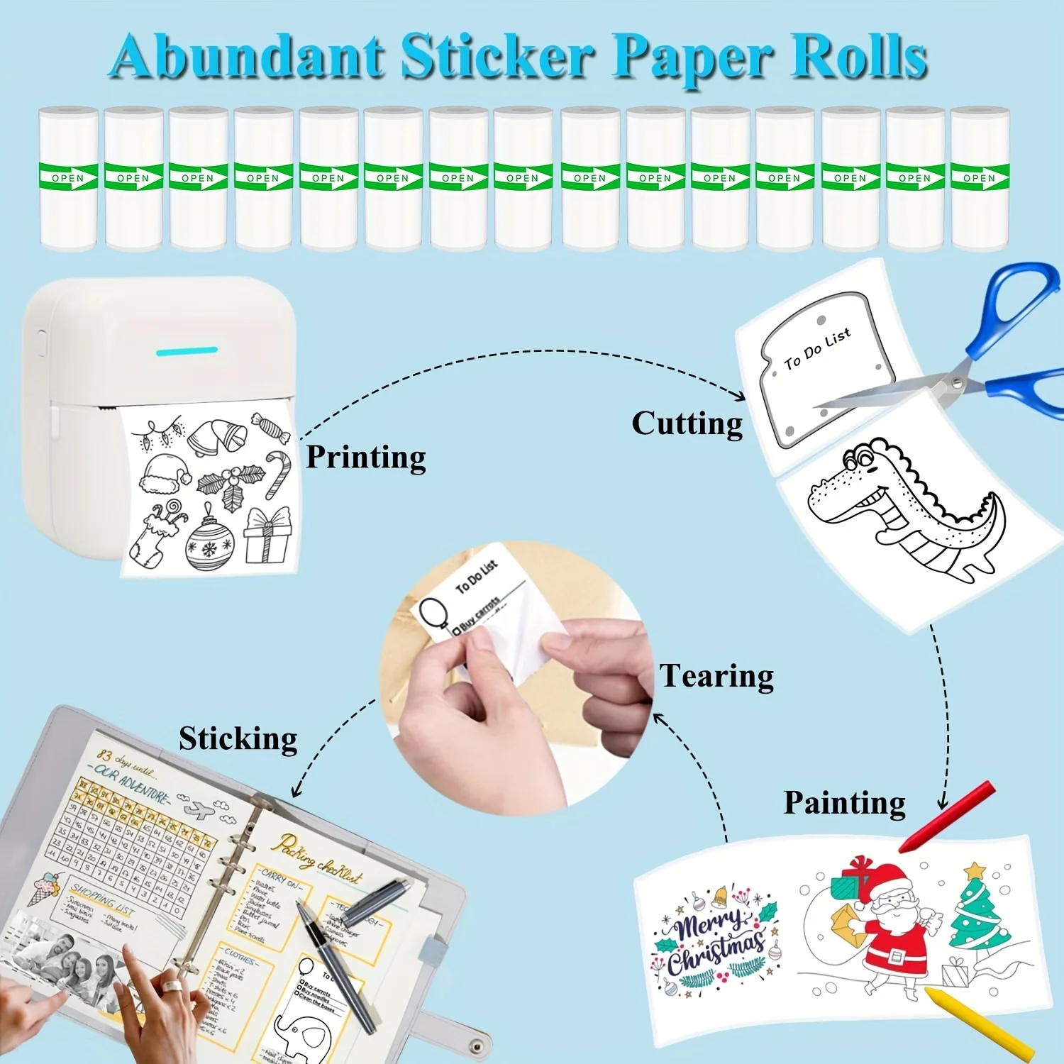 5/15 Rolls Thermal Sticker Paper Self-Adhesive Inkless Refills for Mini Printers To-Do Lists Journals Memo Labels, 57mm BPA-Free