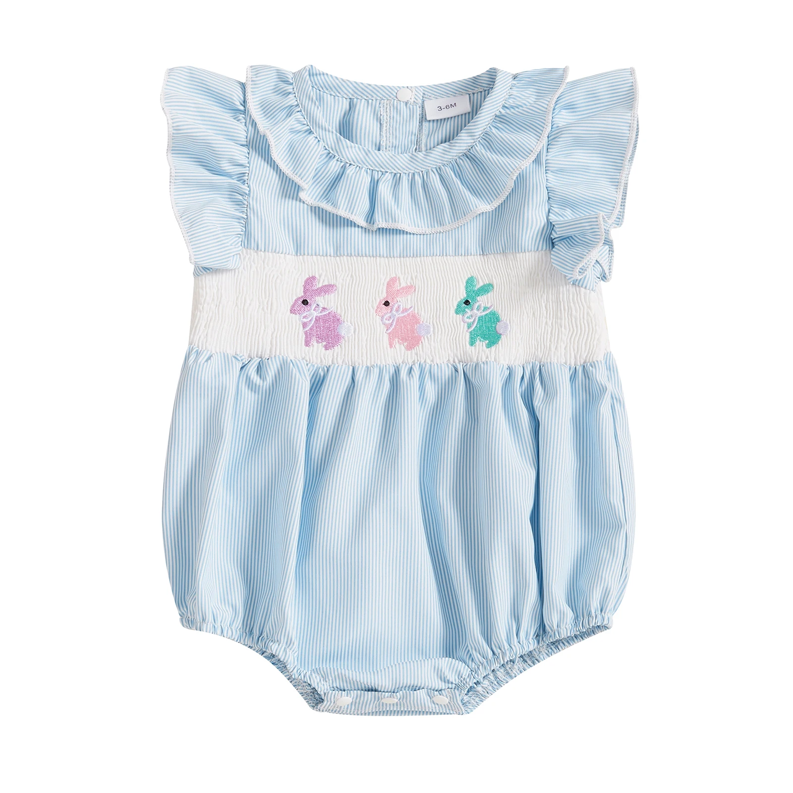 Baby Girl Easter Romper Short Sleeve Ruffle Collar Bunny Embroidery Smocked Bodysuit Newborn Outfit