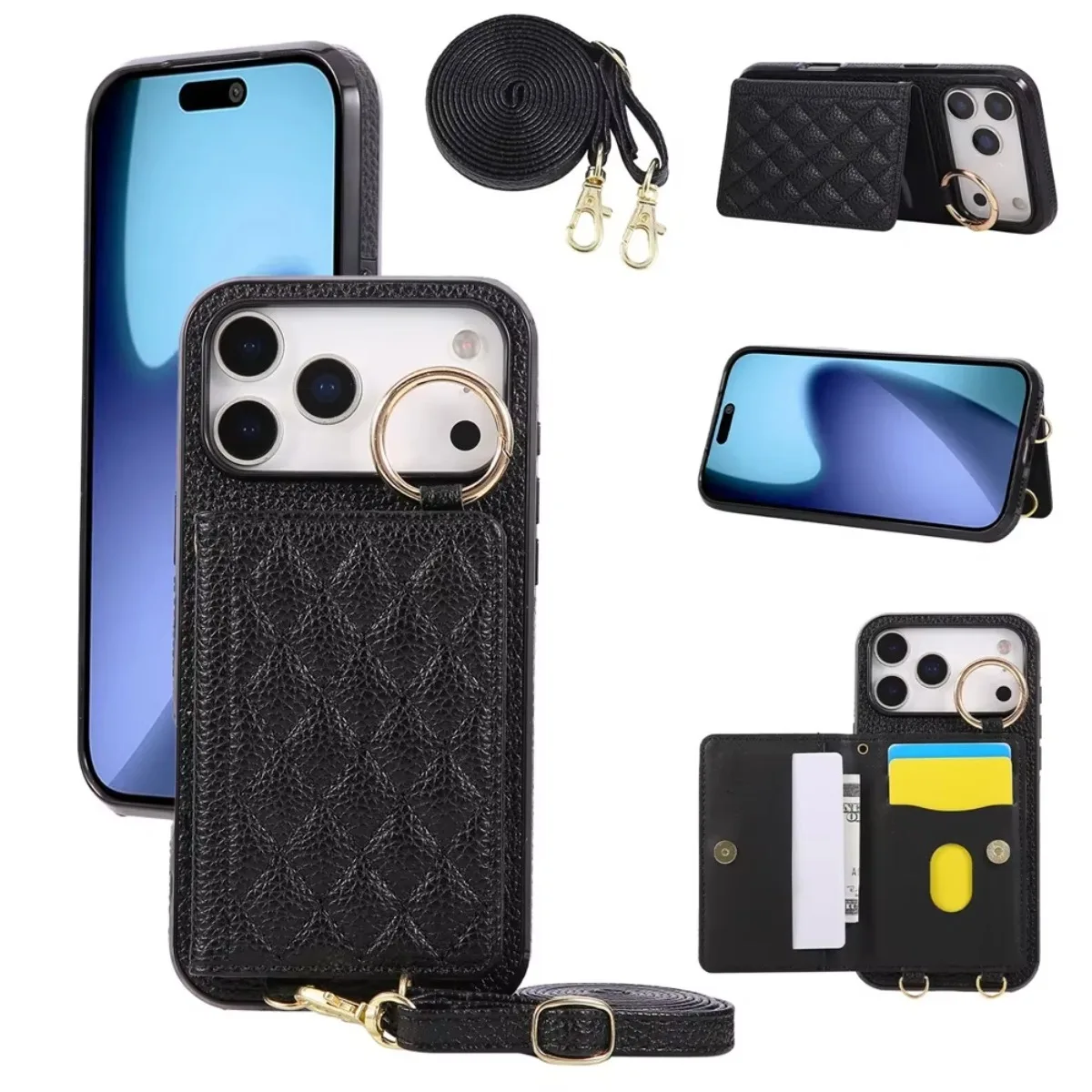PU-Leder-Geldbörse, Umhängetasche, Reißverschluss, Kartensteckplatz, Ringhalter, Handyhülle für iPhone 17 Air 16 Pro Max 15 Plus 14 13 12 11 X XS XR