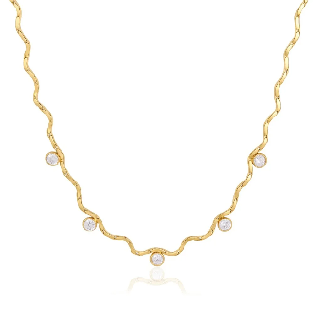18K Gold Plated Wave Chain Necklace Stainless Steel Y Shape Gold Plated Necklace Waterproof PVD Plated Zircon Necklace For Women