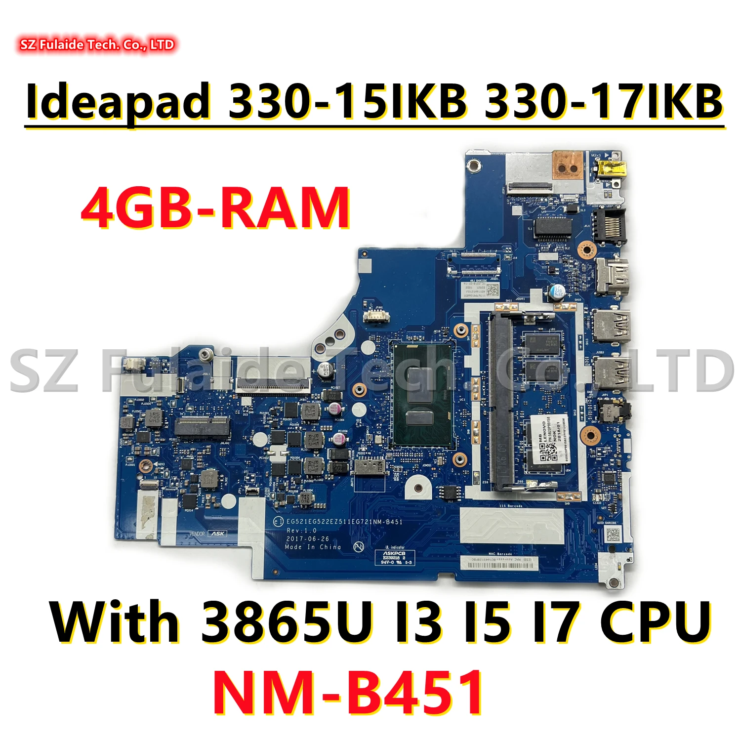 NM-B451 для Lenovo Ideapad 330-15IKB 330-17IKB с процессором 3865U I3 I5 I7 7/8-го поколения, 4 ГБ ОЗУ, 100% протестировано, ОК