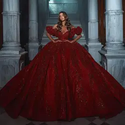 Luxurious Red Quinceanera Dresses 2024 Off Shoulder Ball Gowns Custom Made Lace Ruffles Sequins 15 Vestidos De Quinceaรฑera