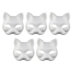 5pcs Diy Mask White Embryo Plasma Cat Mask Paintable Halloween Mask White Half Face Mask Role-Playing Anime Party Costume