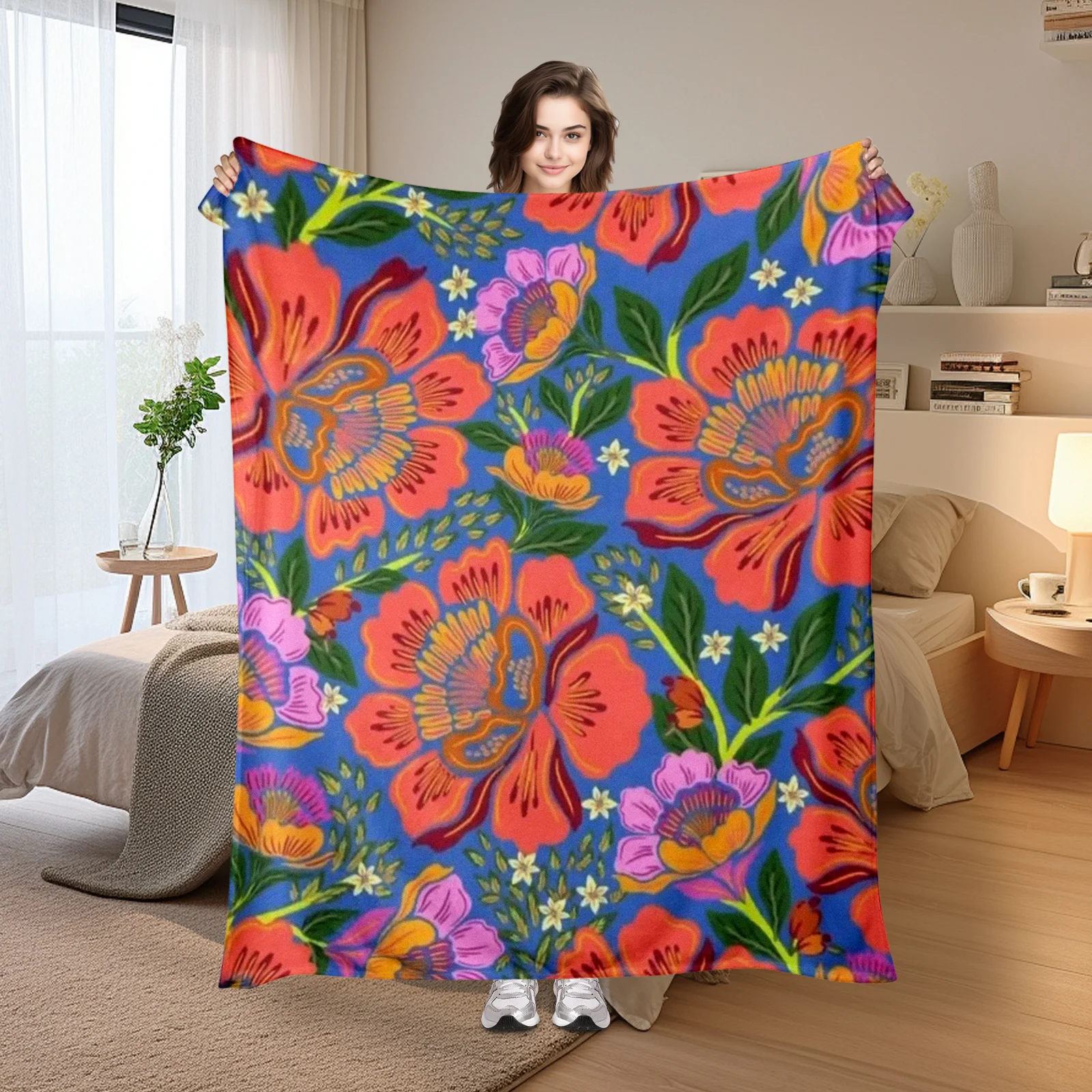 Elegant Floral Design Blanket In Pink Green And Blue For A Stylish And Comfortable Home Decor Accent Piece