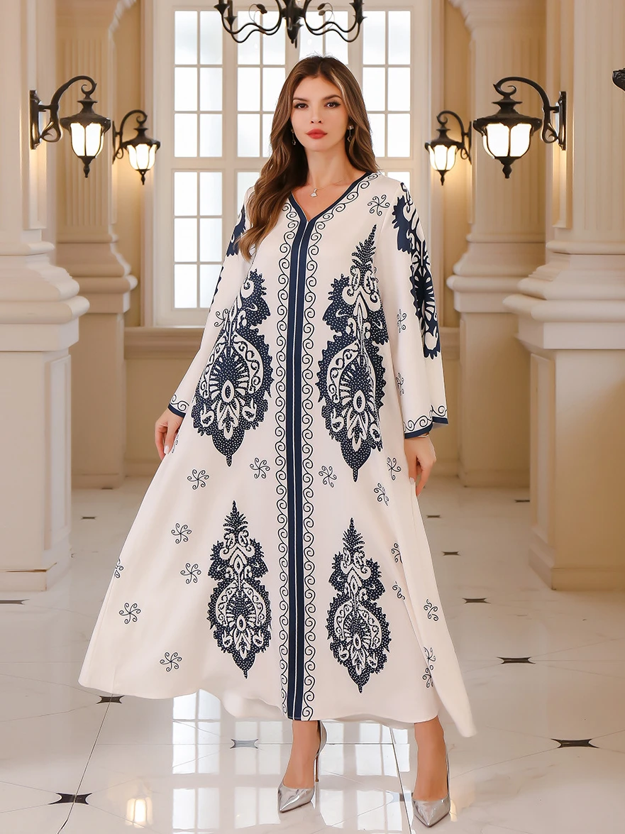 Modest Diamond Muslim Dress for Women Abaya Ramadan Turkey Kaftan Islamic Eid Print Robe Femme Jalabiya Caftan Morocco Vestidos